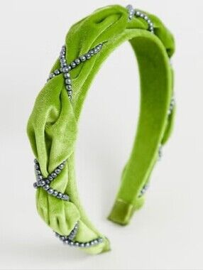 Green Velvet Braided Headband with Beaded Detail